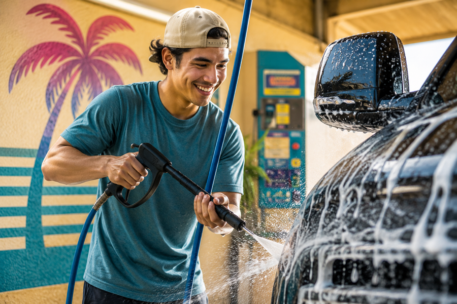 Guy washing car at Aloha Vibes Carwash self-serve bay